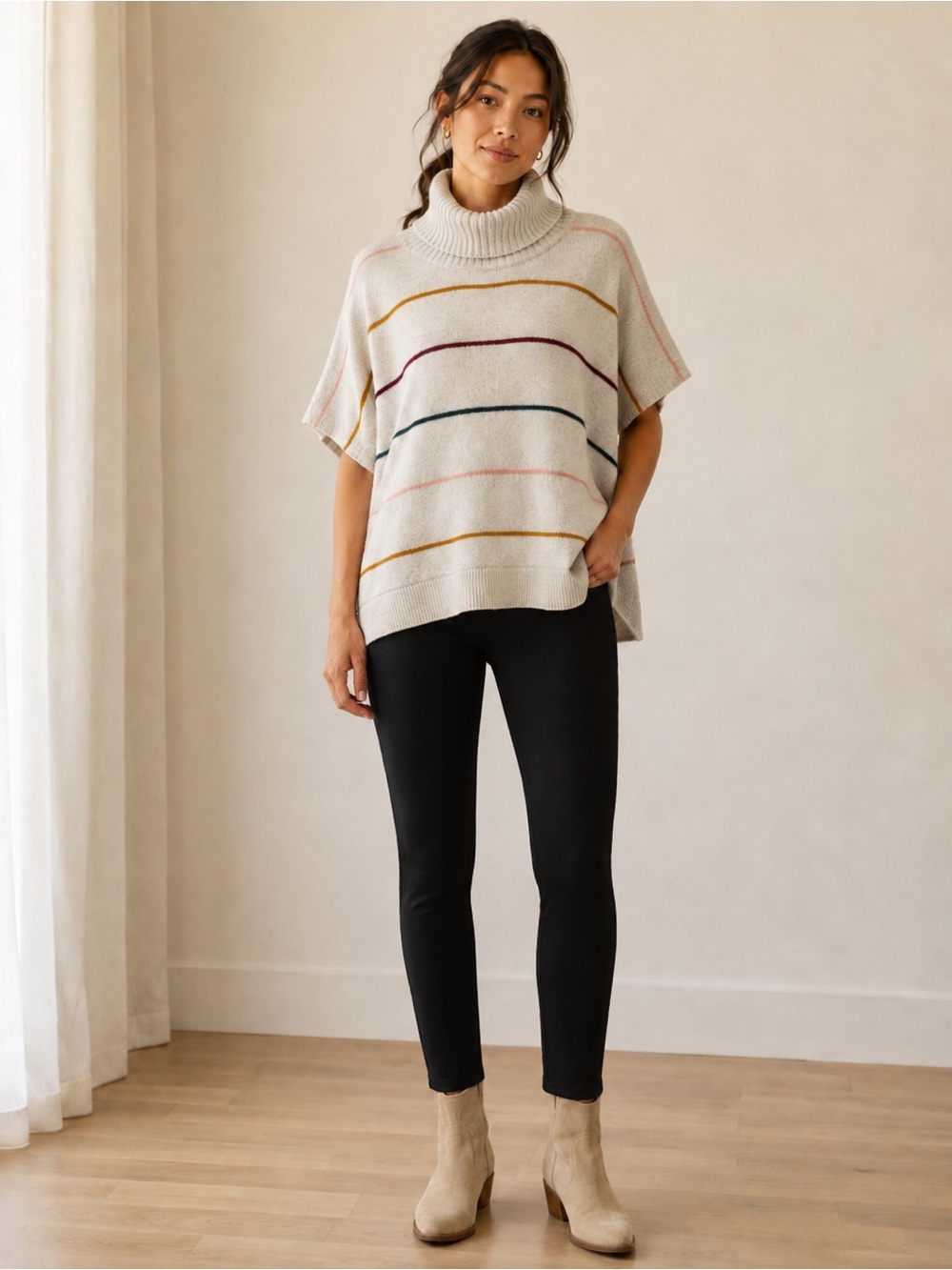 LOFT Striped Oversized Turtleneck Poncho Sweater XS/S
